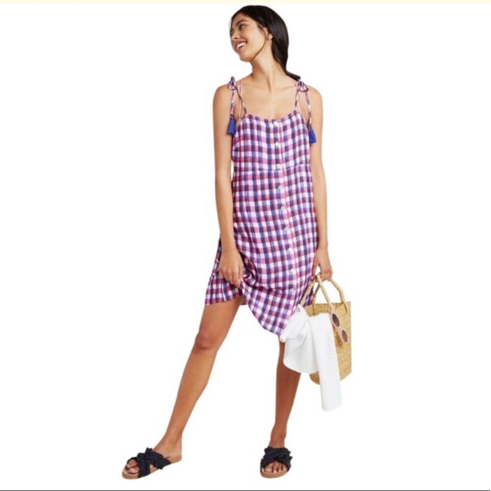 Anthropologie Halter Shoulder Tie Midi Dress Coverup Blue Pink Plaid Small